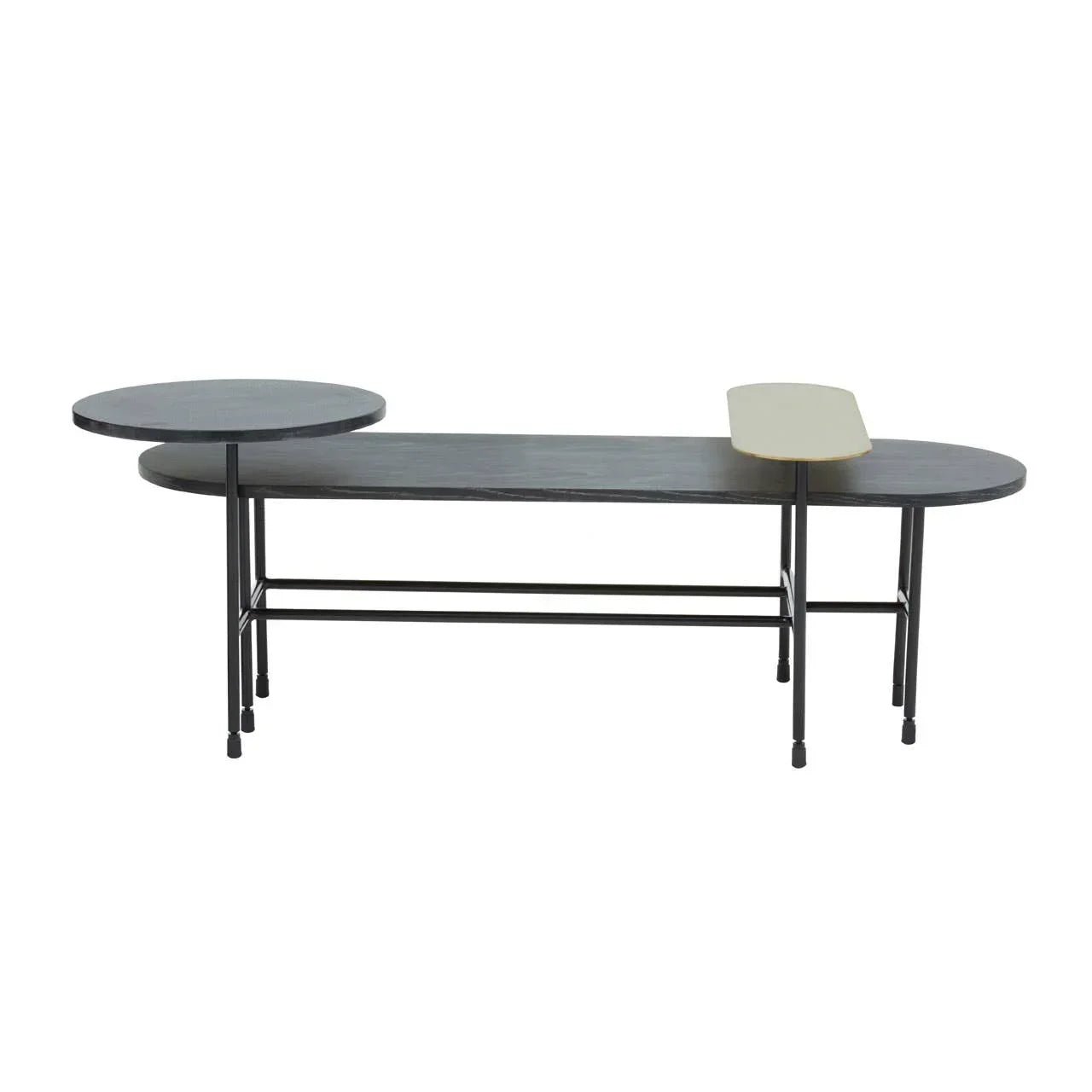 Modern black coffee table with round and oval tops on slim metal frame