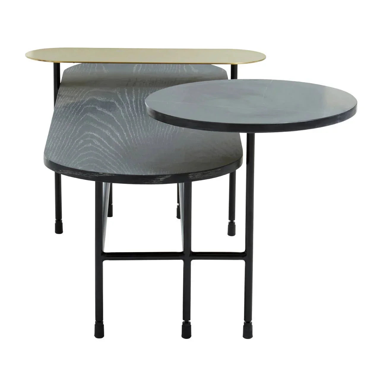 Set of three modern nesting tables with black metal legs and mixed wood finishes