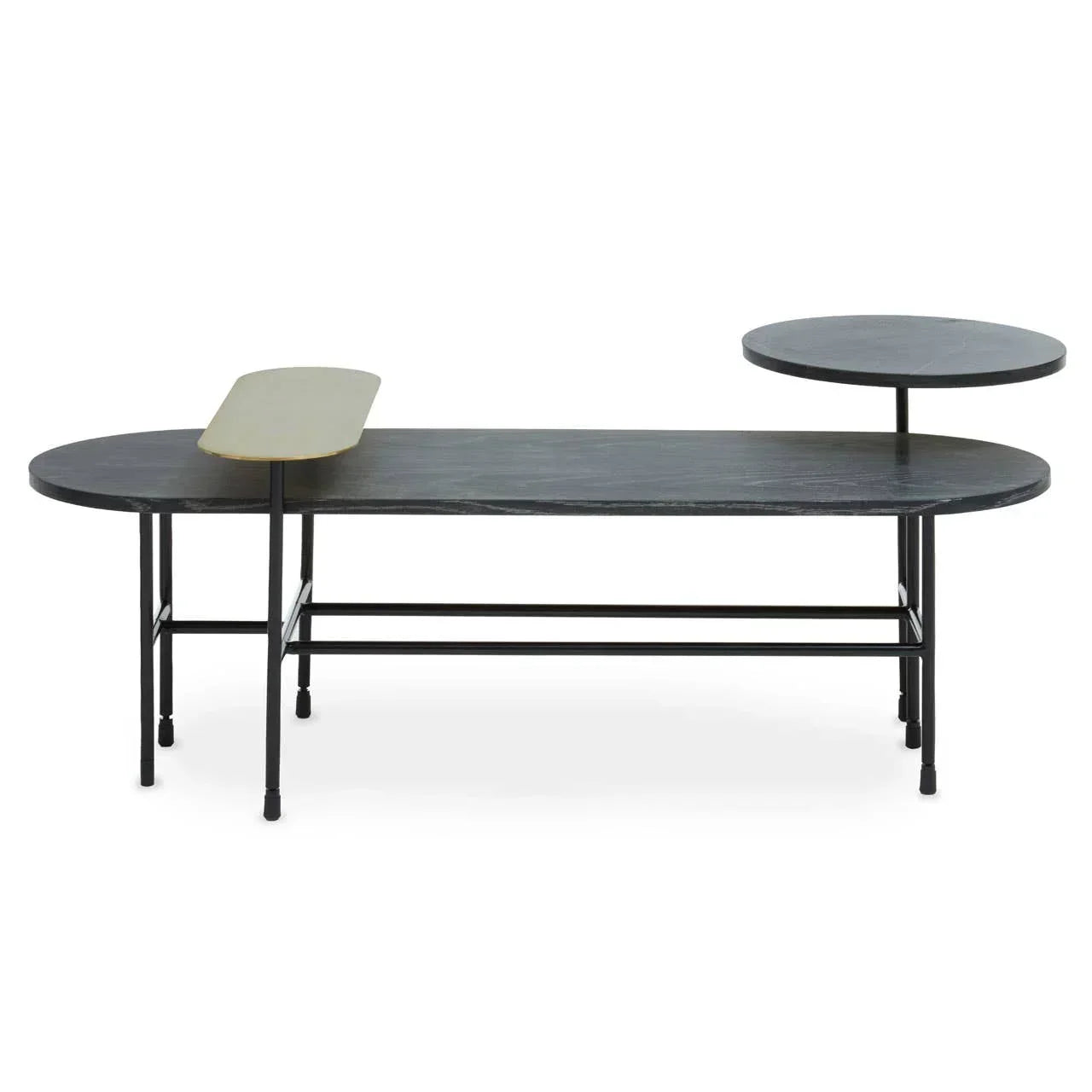 Modern black coffee table with metal legs and two elevated circular shelves