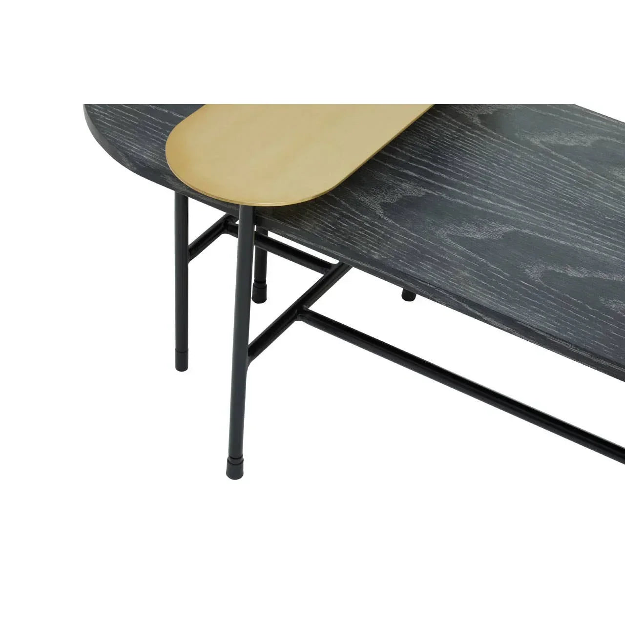 Black wooden coffee table with rounded edge, gold accent shelf and metal legs