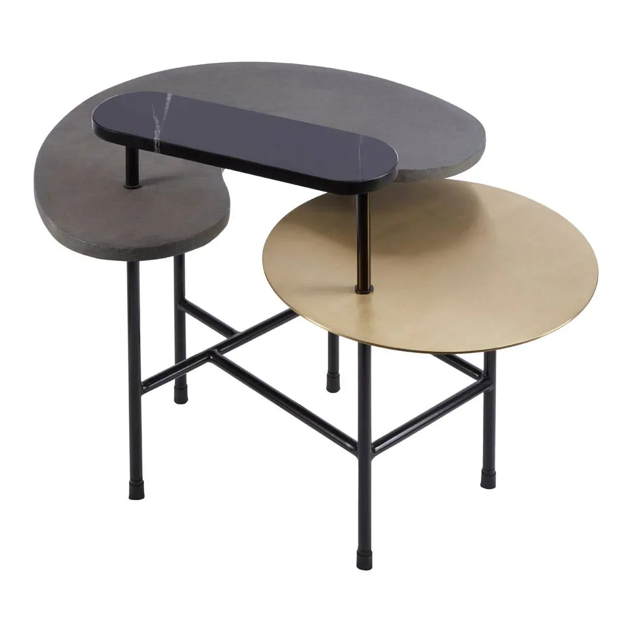 Modern nesting coffee tables with metal legs, black, gold, and grey tops, geometric design
