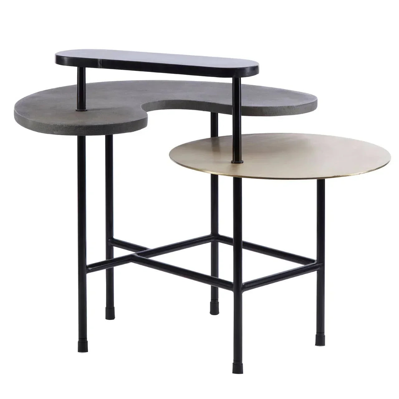 Modern accent table with layered black and gold surfaces and black metal legs