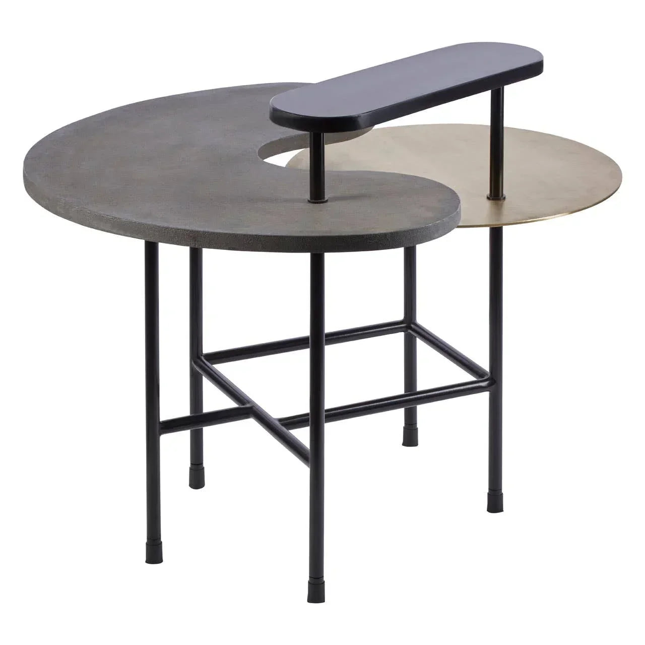 Modern accent table with black metal legs, round grey top and elevated brass shelf
