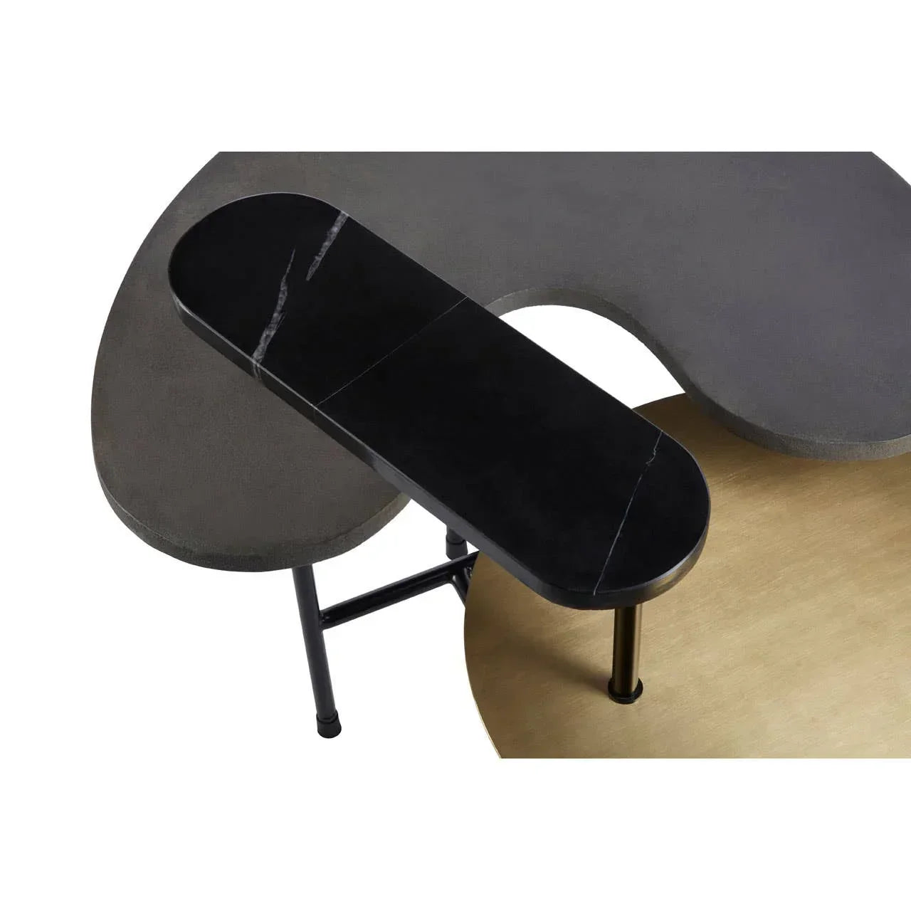 Modern coffee table set with black marble, gold, and grey surfaces on metal legs