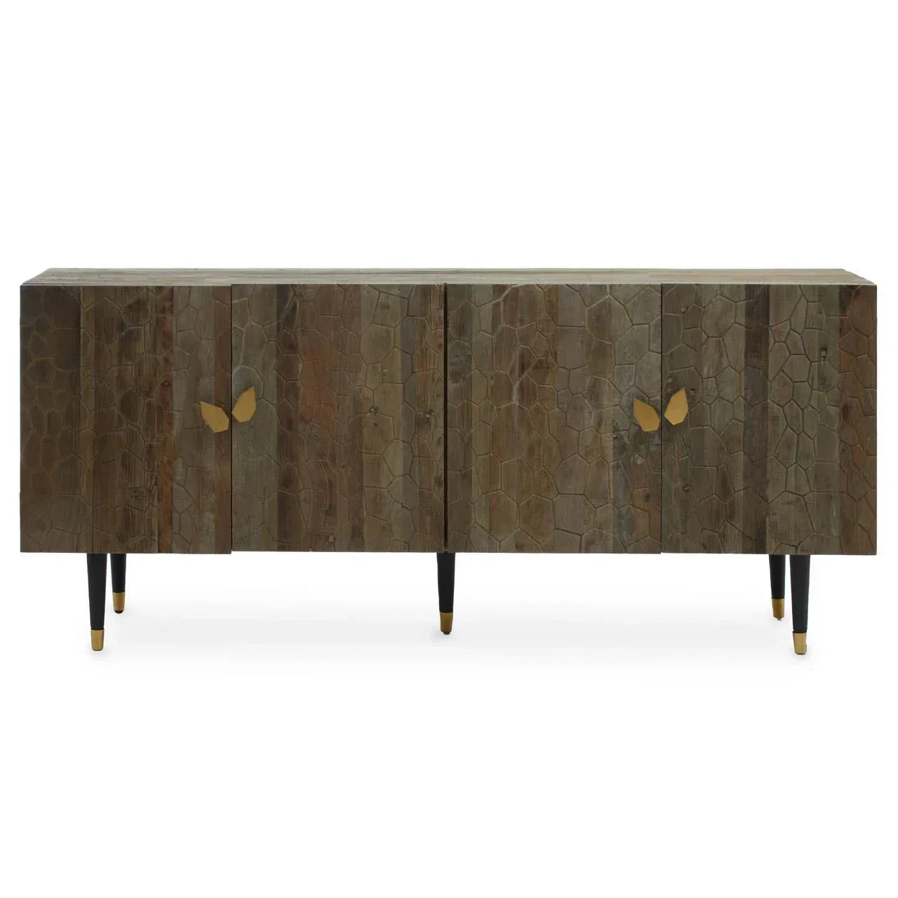 Textured wood sideboard with gold butterfly handles and black legs with gold accents