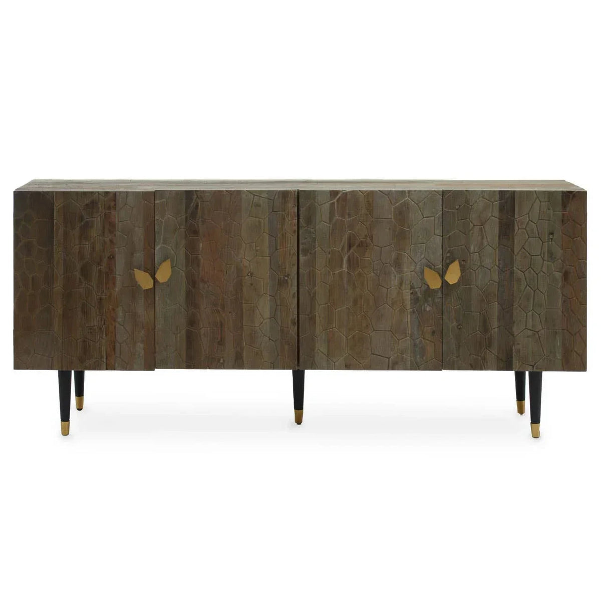 Dark wood sideboard with honeycomb-textured doors and gold leaf-shaped handles