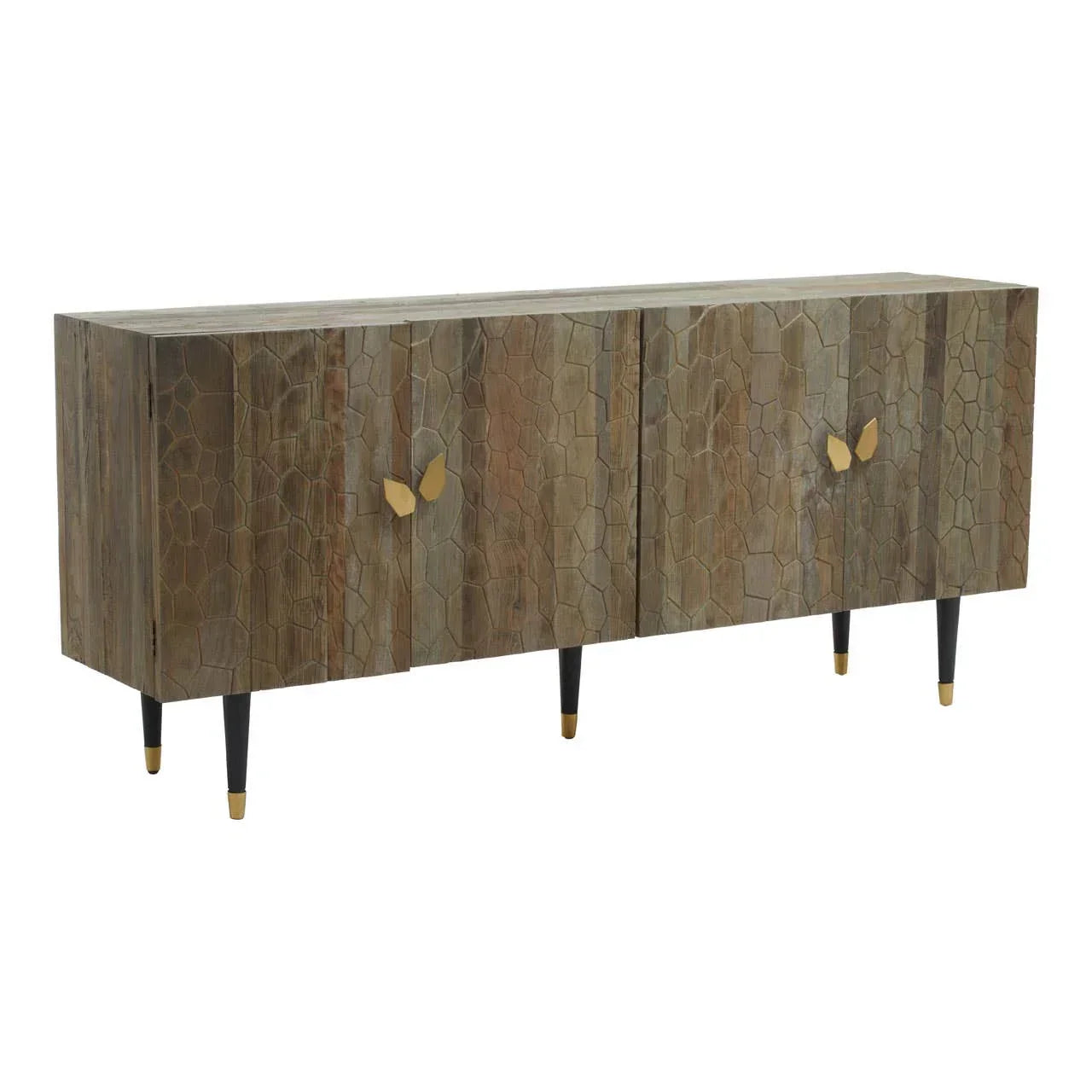 Wooden sideboard with textured doors, gold handles, and black tapered legs with gold tips