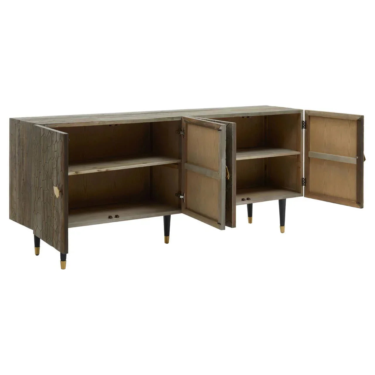 Wooden sideboard with textured doors, open to show shelves and black legs with gold tips