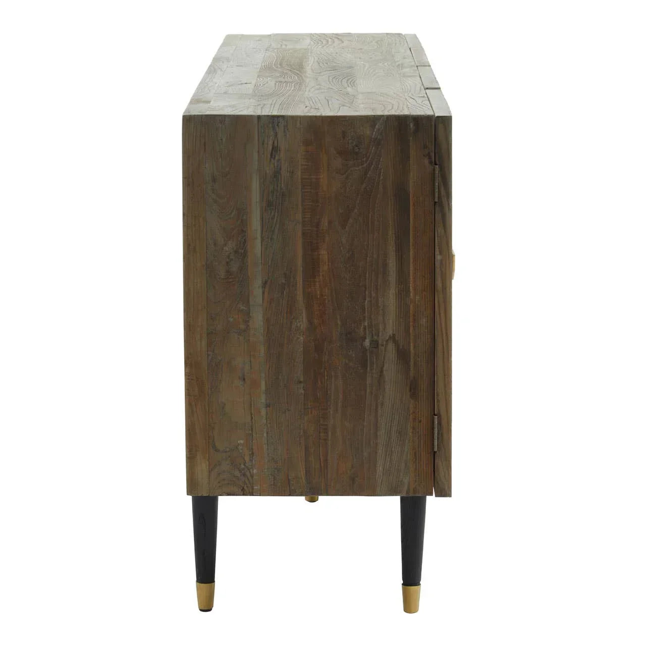 Side view of wooden sideboard with natural finish and black tapered legs with gold tips