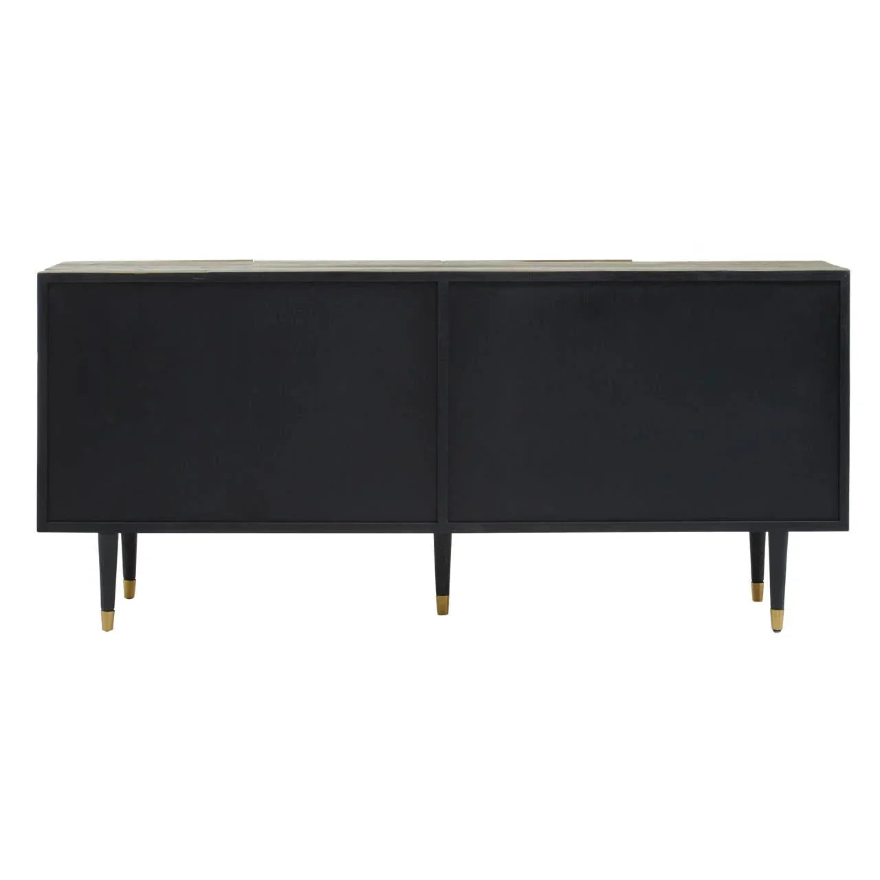 Black sideboard with gold-tipped legs and clean minimalist design, rear view