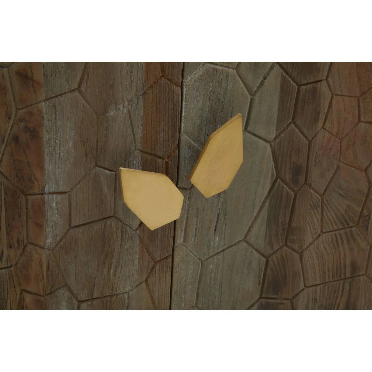 Textured wood cabinet doors with gold geometric handles