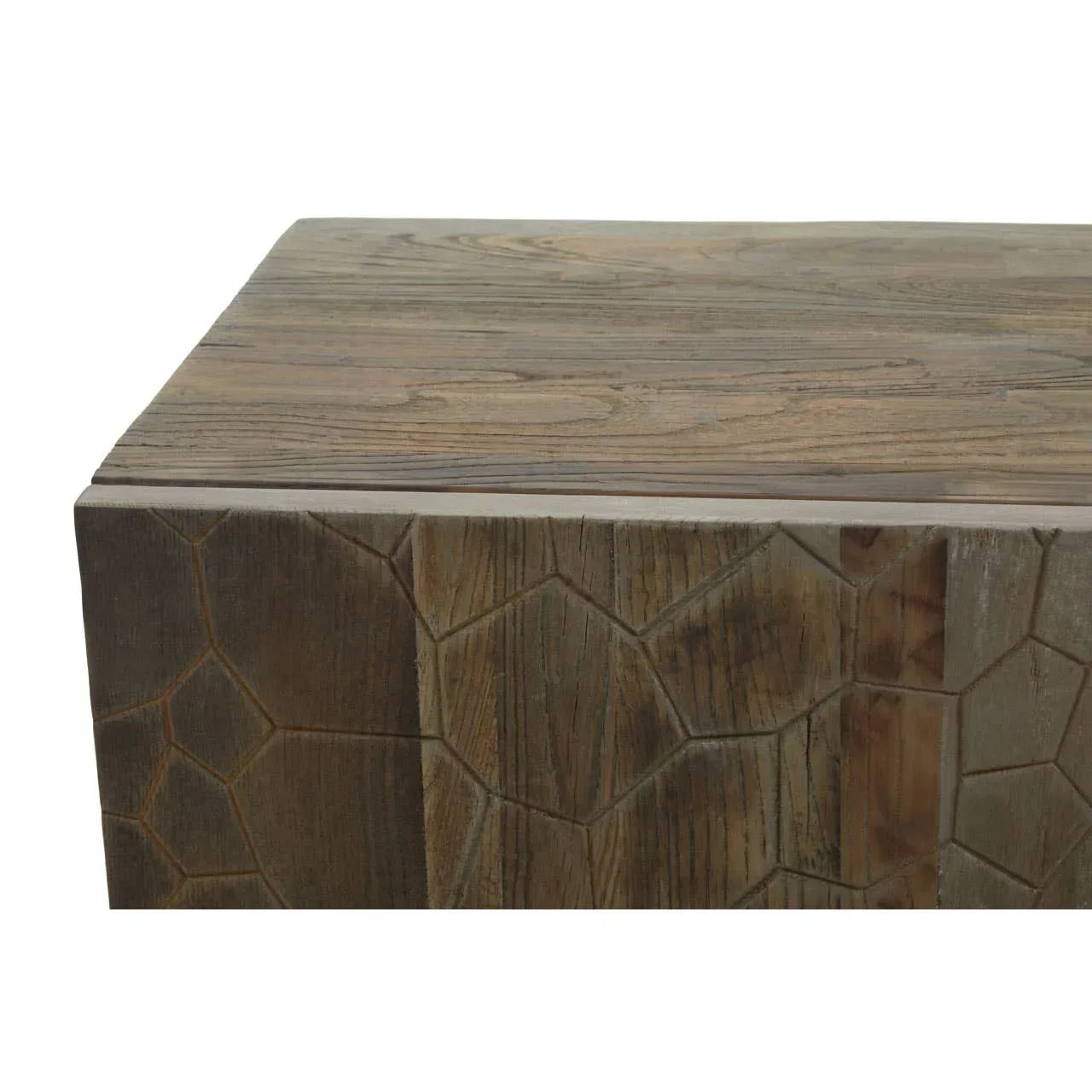 Wooden coffee table with textured geometric carved side and smooth top surface