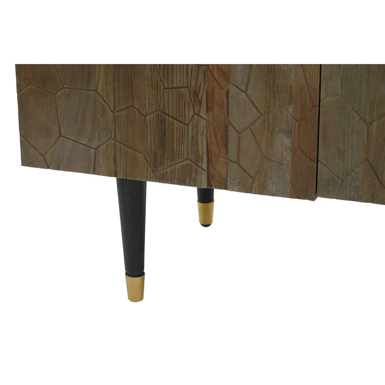 Textured wood sideboard corner with hexagon pattern and black legs with gold caps