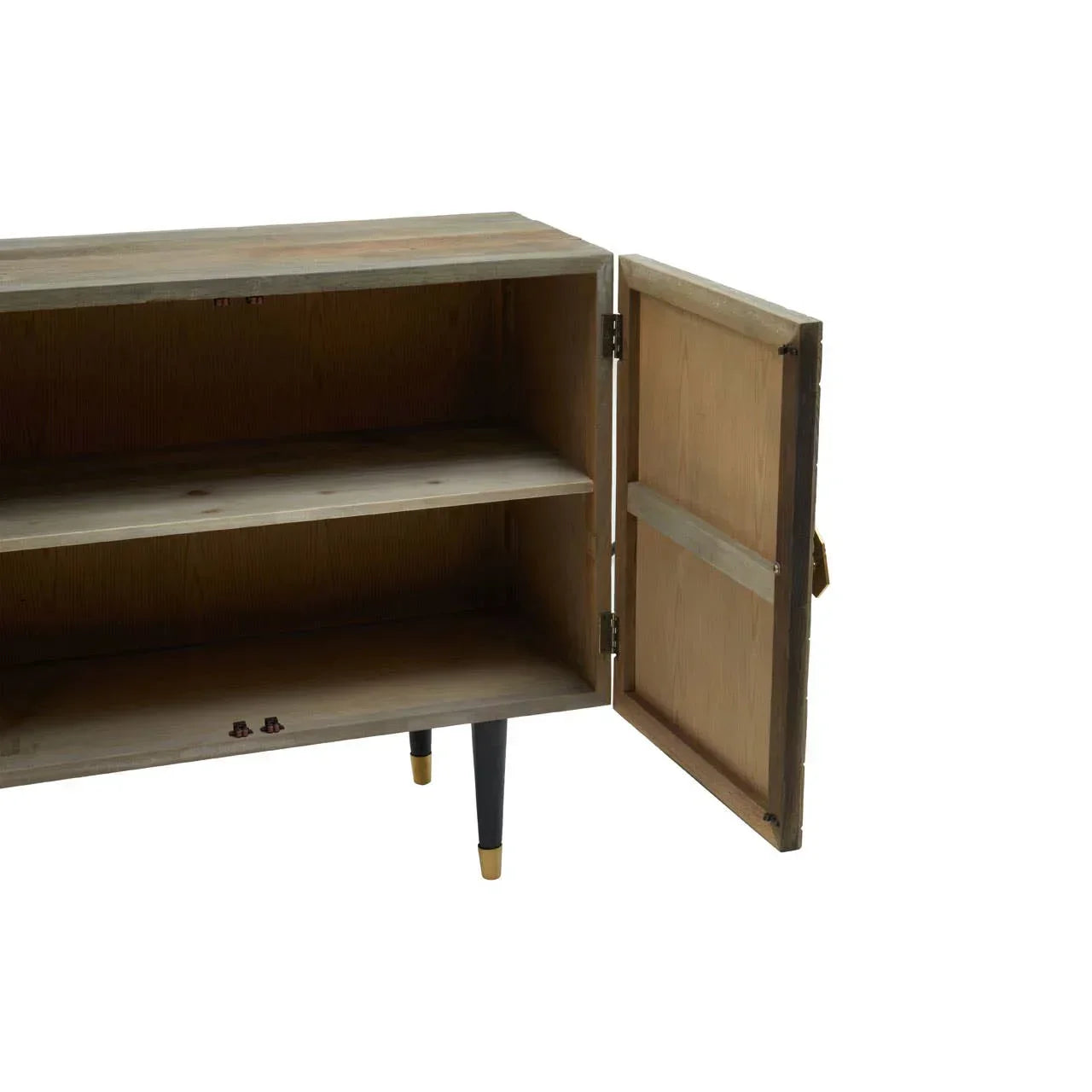 Wooden sideboard cabinet with open door, two shelves, and black legs with gold tips