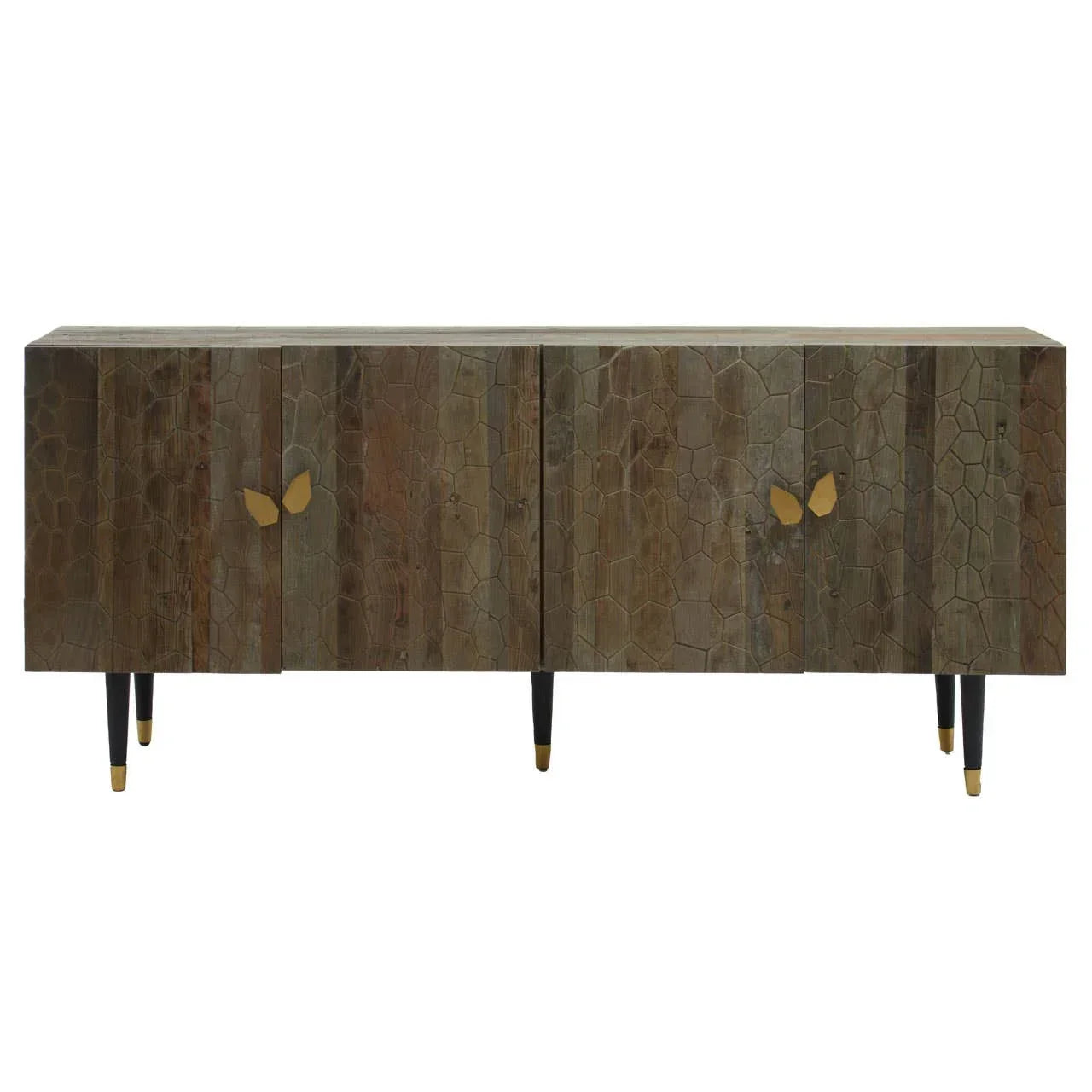 Wooden sideboard with textured panel doors, gold butterfly handles, and black tapered legs