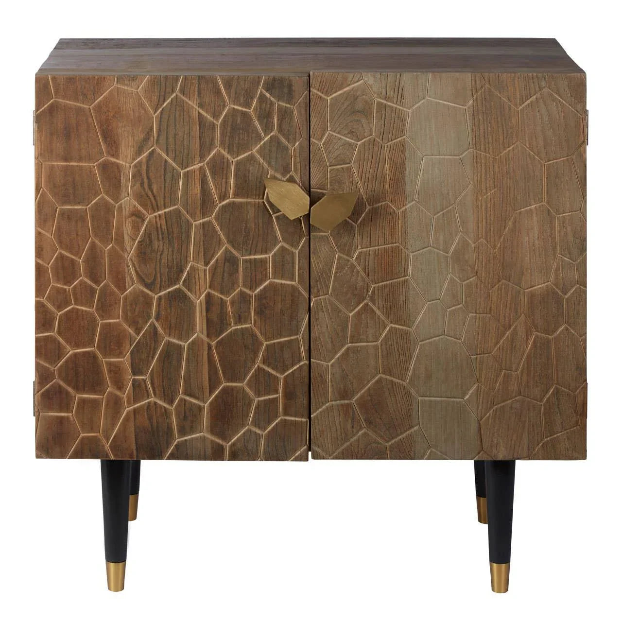 Wooden sideboard with geometric carved doors, gold handles, and black legs with gold tips