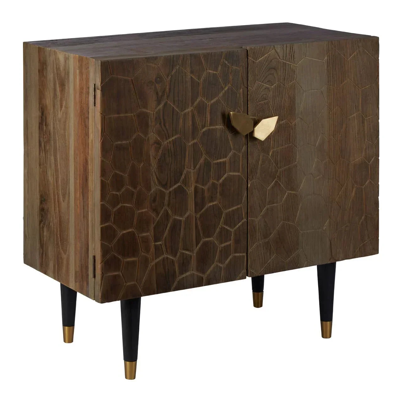Wooden sideboard with geometric carved doors, black tapered legs, and gold handles