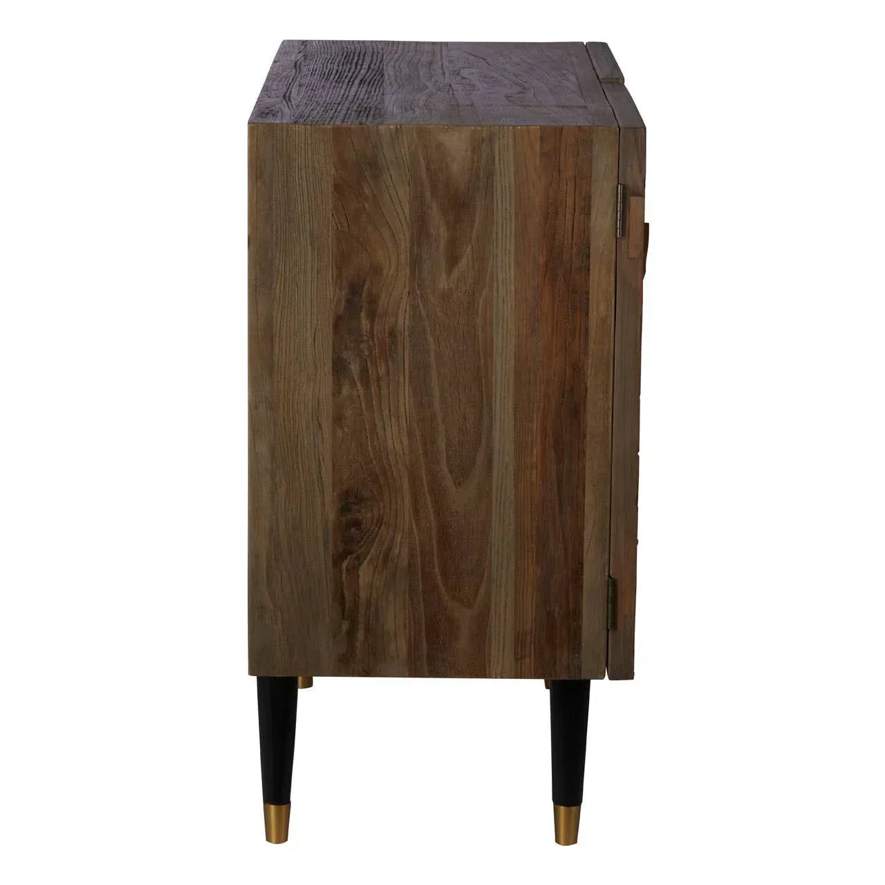 Side view of wooden cabinet with natural finish and black tapered legs with gold tips