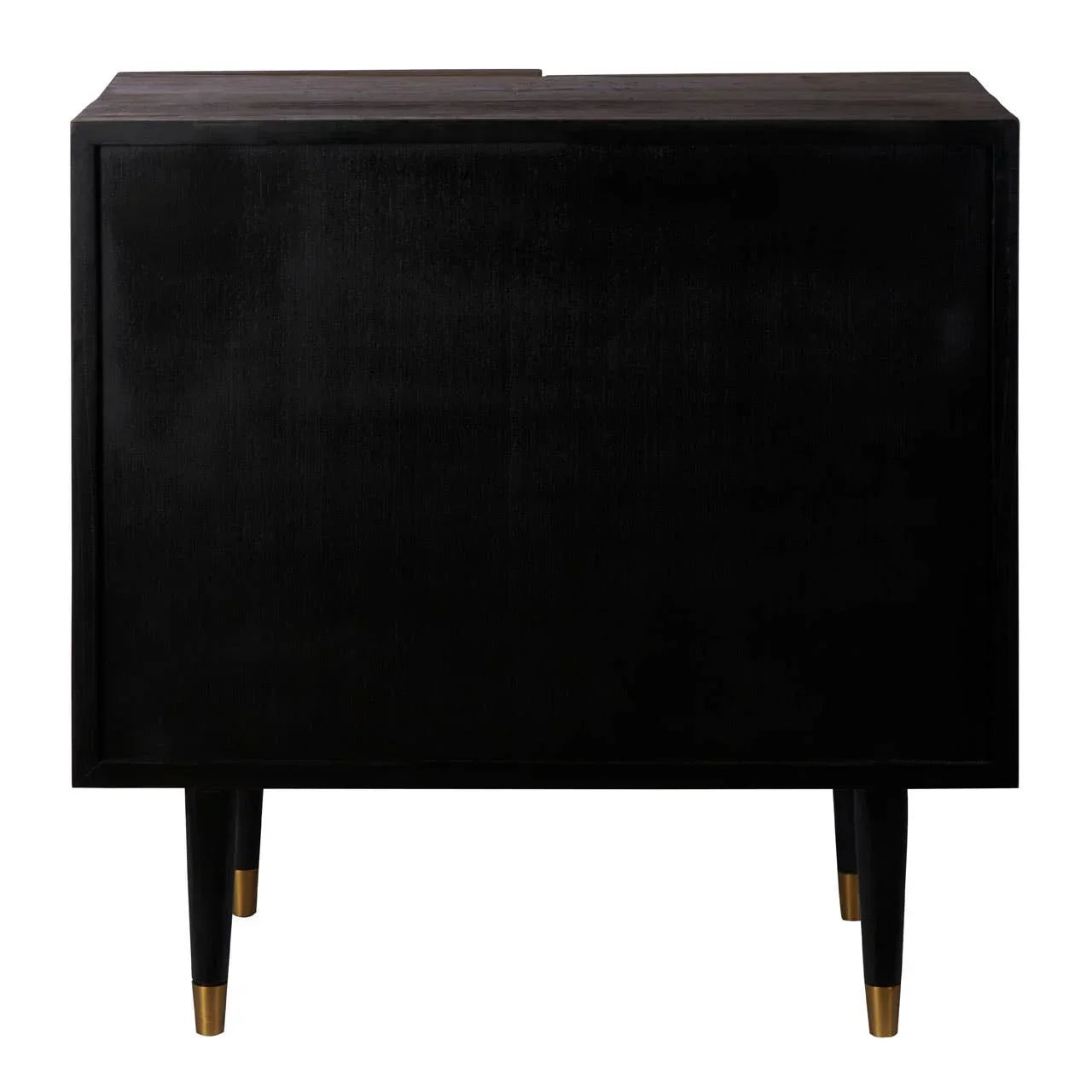 Black wooden sideboard rear view with tapered legs and gold-tone feet