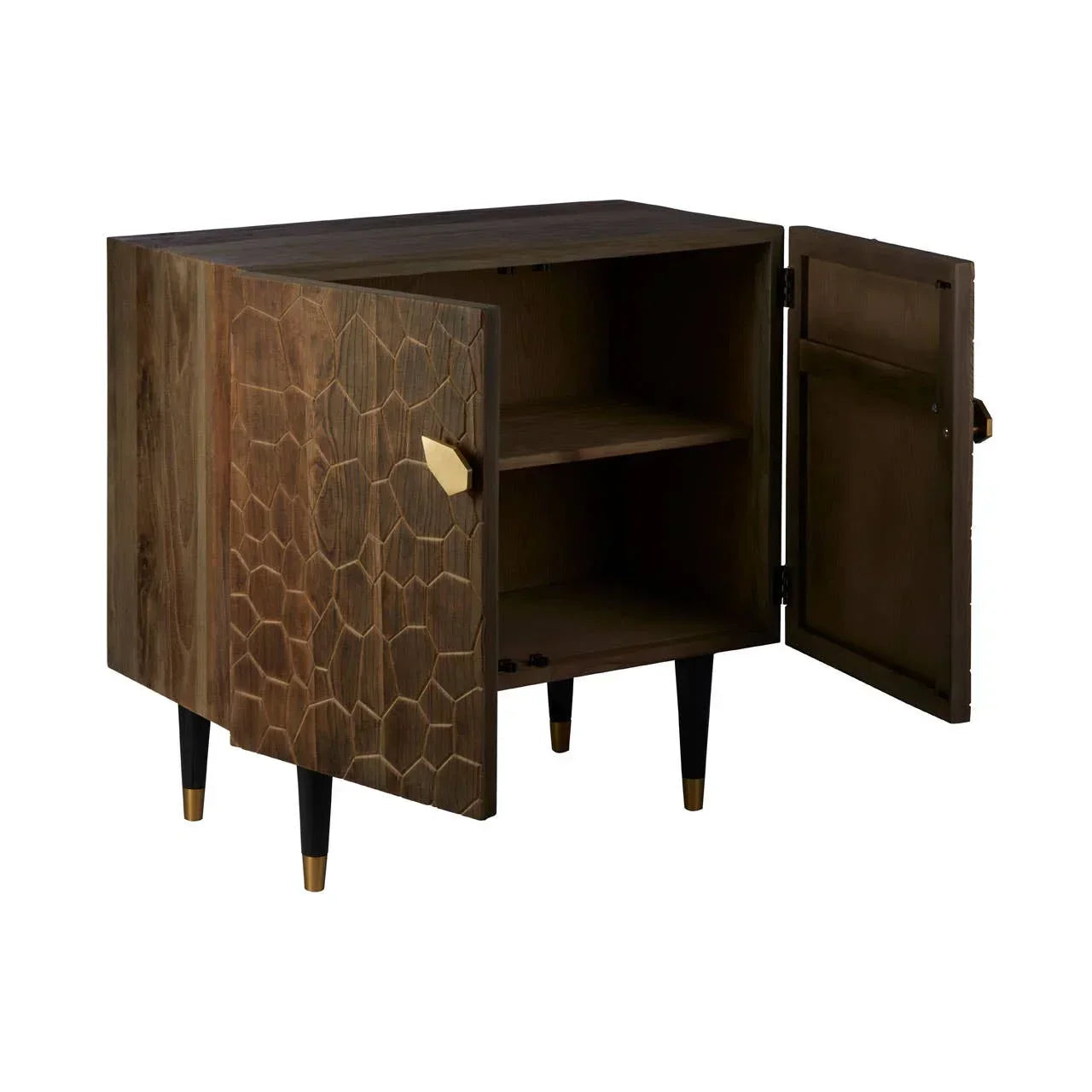 Walnut sideboard cabinet with honeycomb carved doors, black legs, and gold handles, doors open