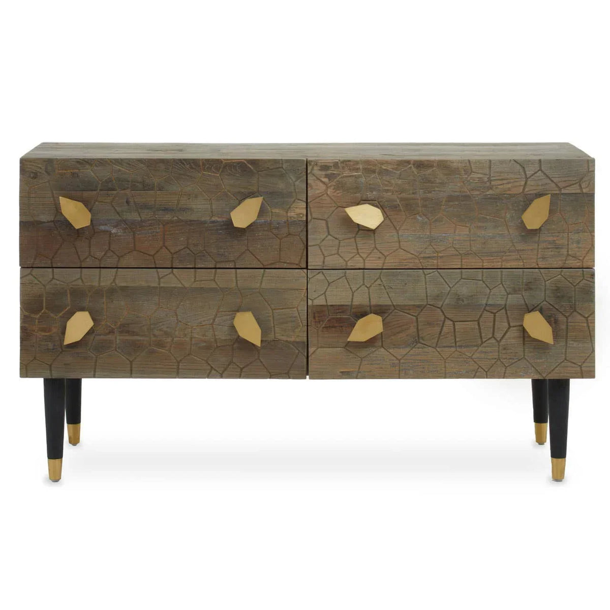 Rustic wooden chest of drawers with gold handles and carved geometric front