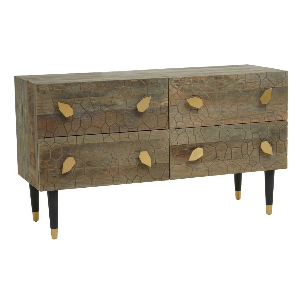 Four-drawer wooden sideboard with textured front, gold handles and black tapered legs