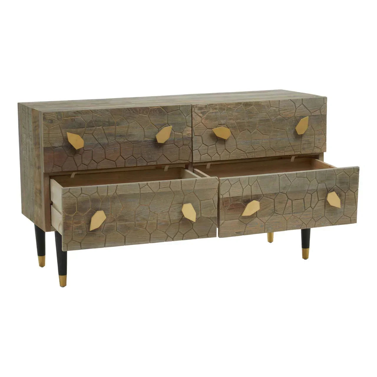 Wooden sideboard with carved geometric drawers, gold handles, and tapered black legs