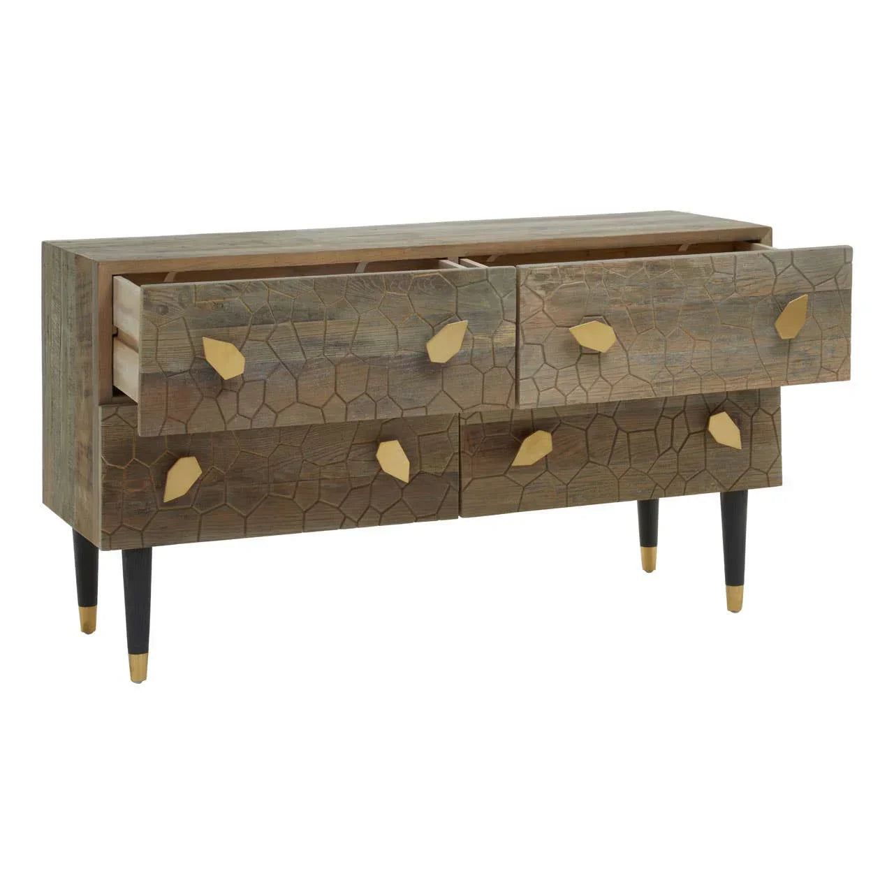 Wooden sideboard with gold handles, geometric carved drawers, and black tapered legs