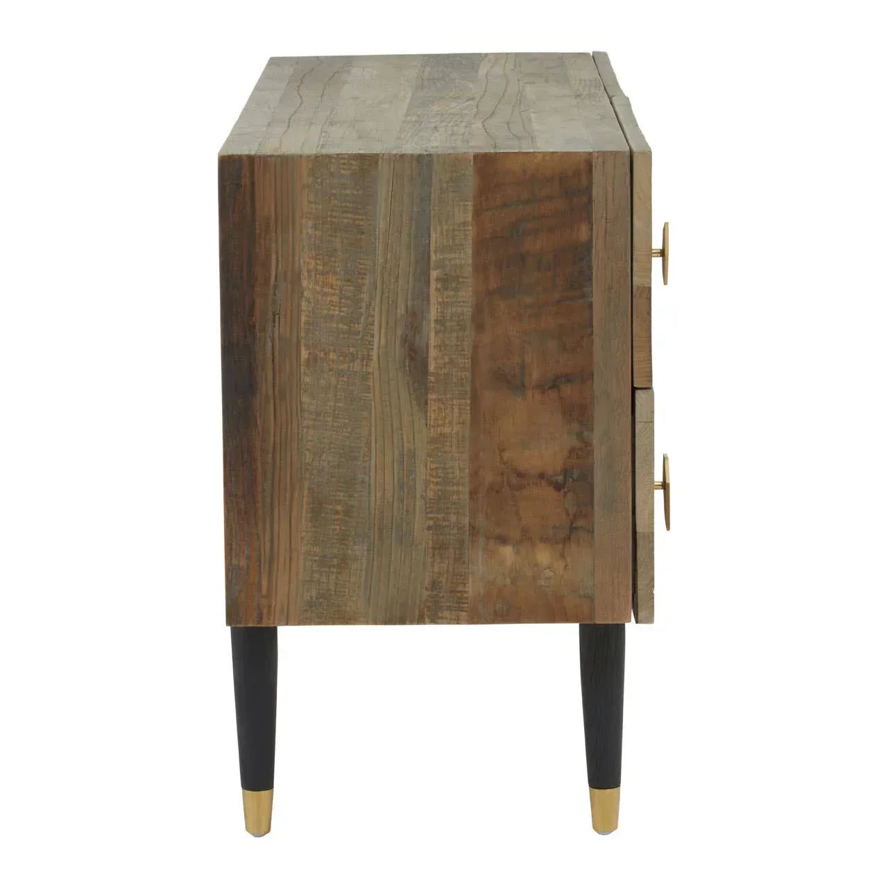 Side view of wooden cabinet with black tapered legs and gold accents