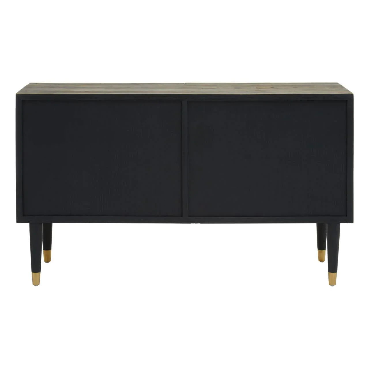 Black sideboard with sliding doors, wooden top, and gold-tipped legs