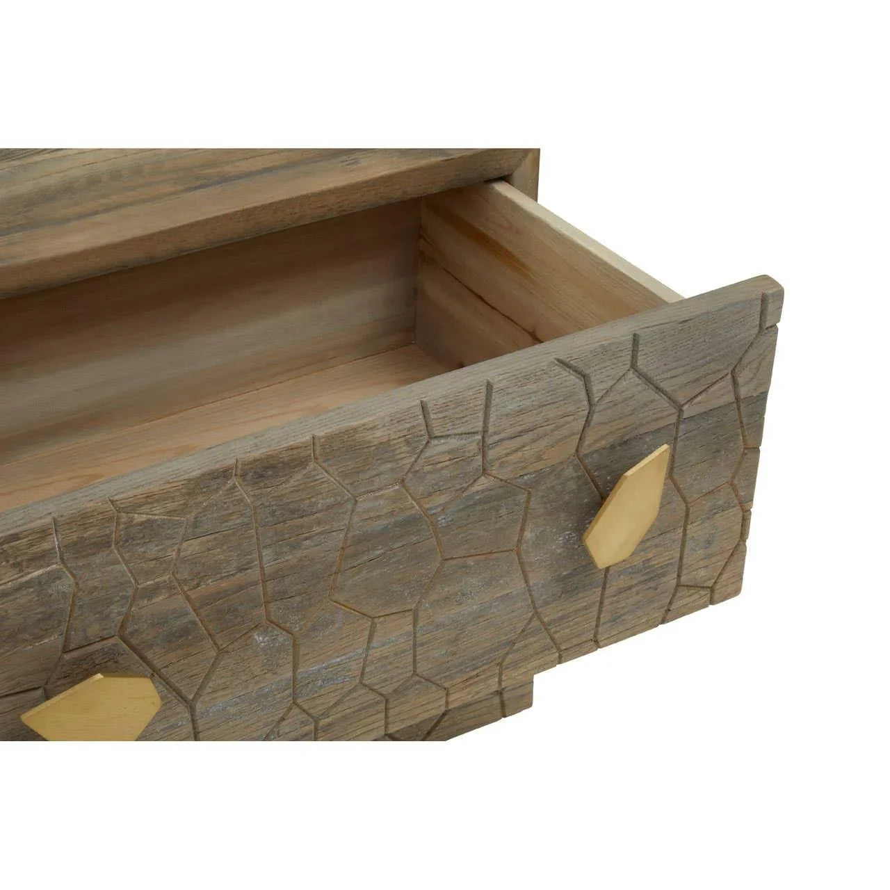 Wooden drawer with geometric carved front and brass handles, closeup view