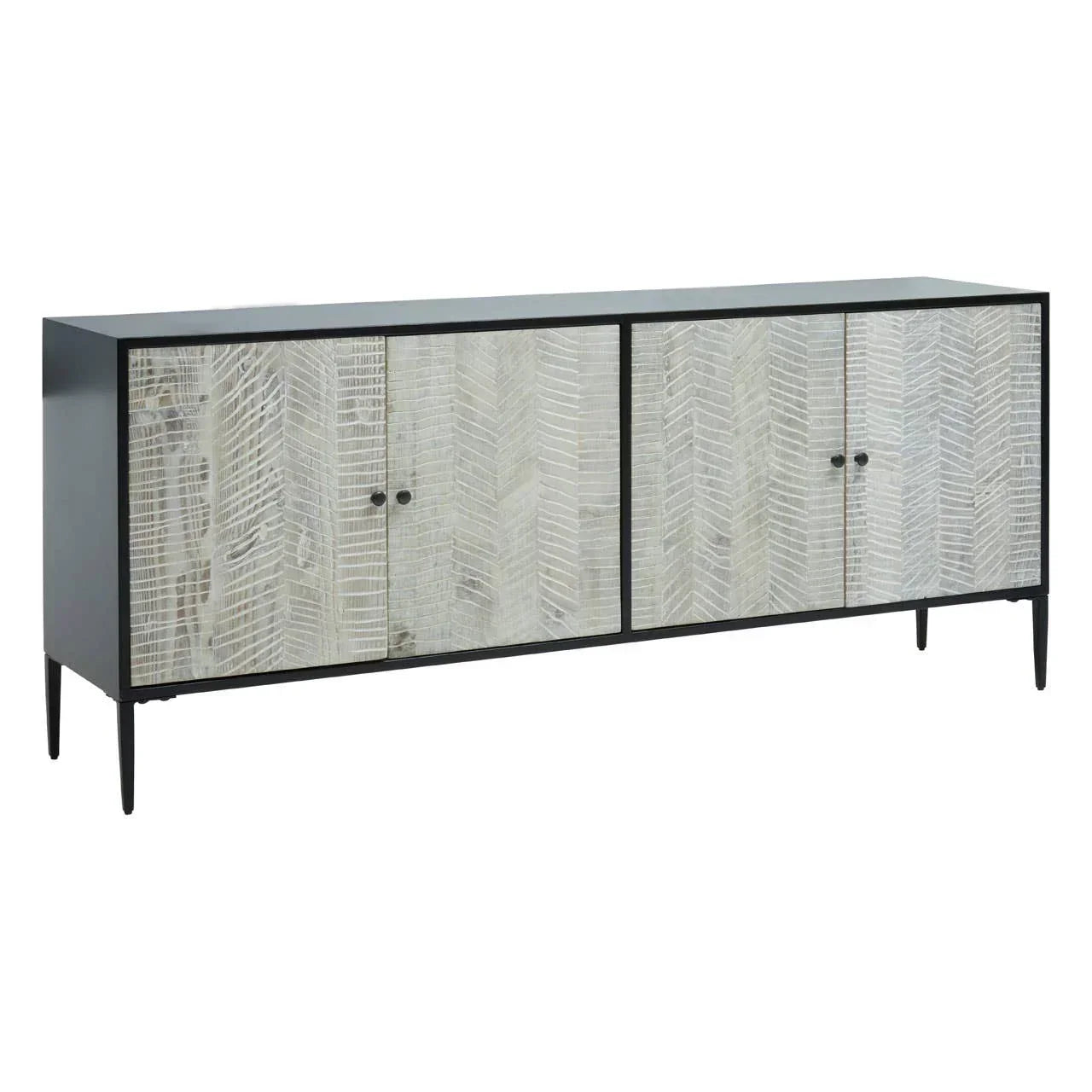 Modern sideboard with four chevron-patterned doors and black metal frame on slim legs