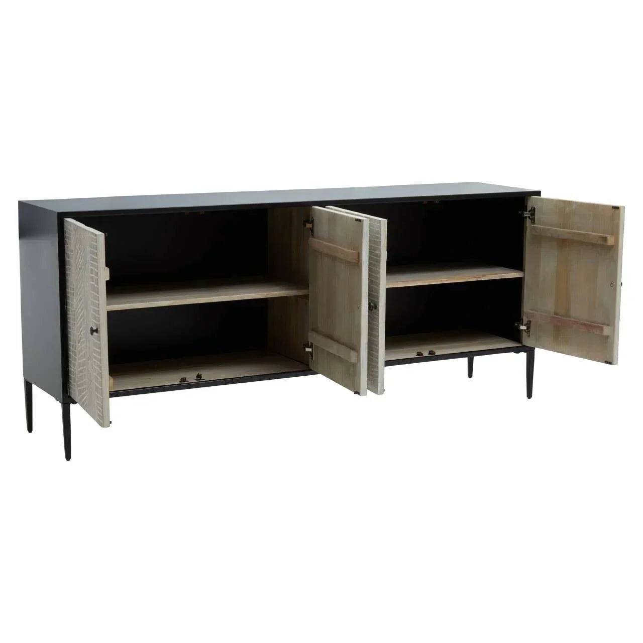 Black sideboard with light wood doors open, showing interior shelves and slim metal legs