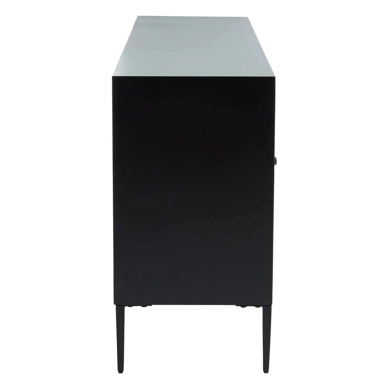 Side view of black sideboard cabinet with slim metal legs