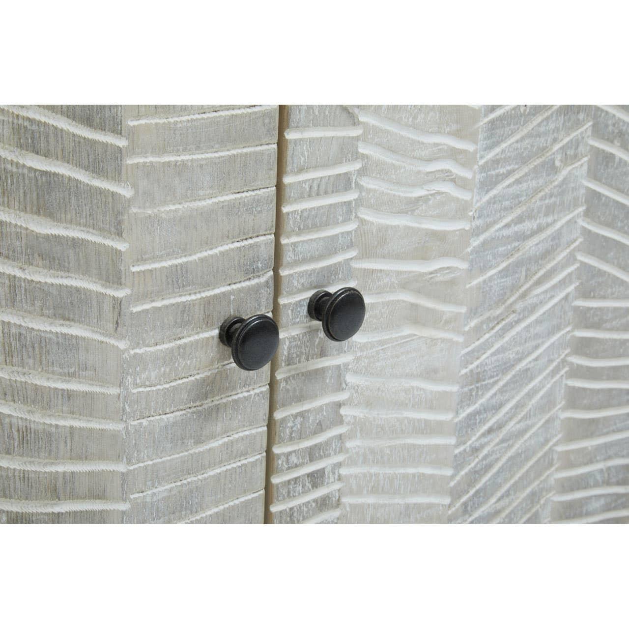 Textured wood cabinet doors with black round handles and chevron pattern detail
