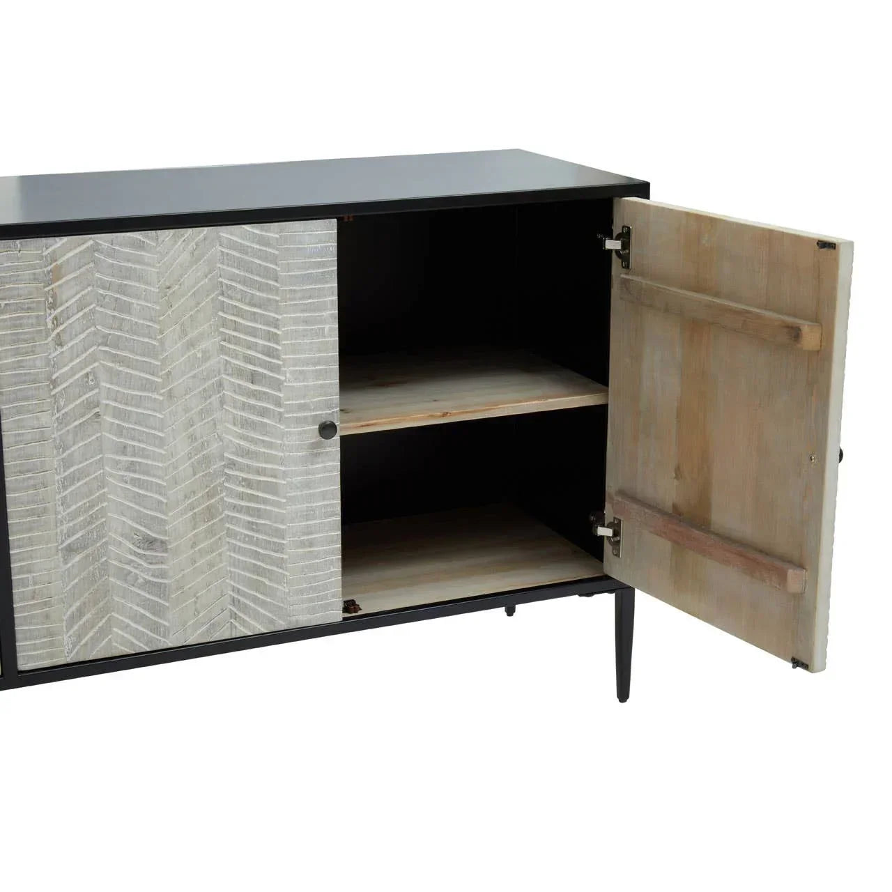 wooden sideboard with herringbone pattern door and open shelving on black legs