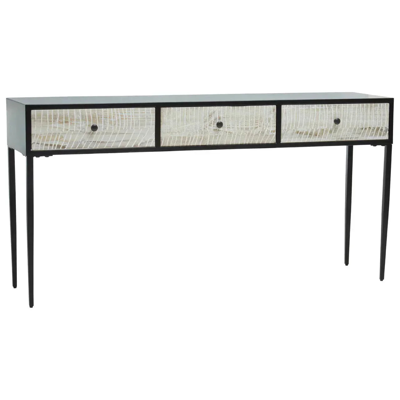 Modern console table with three white textured drawers and black metal frame