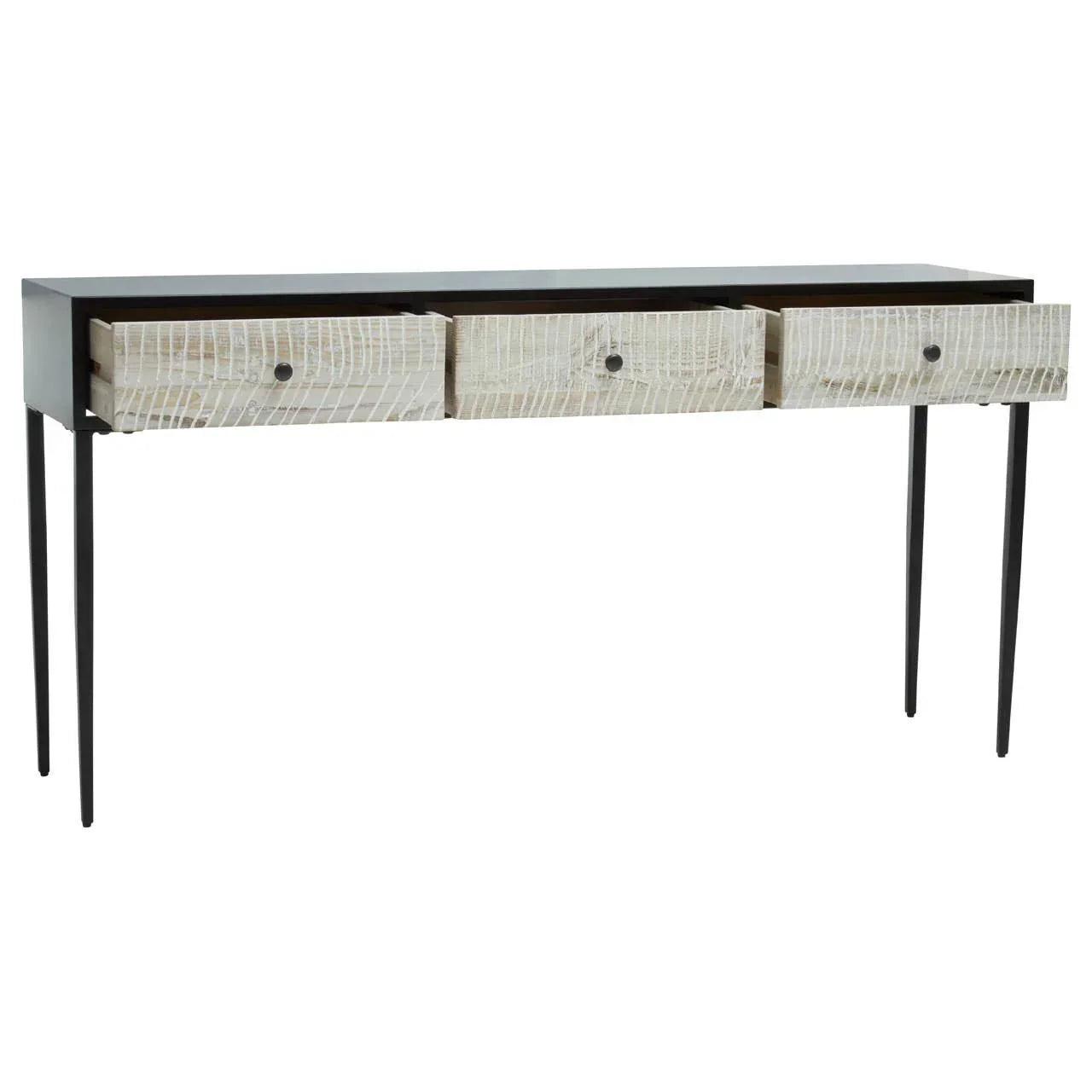 Console table with three textured wood drawers and slim black metal legs