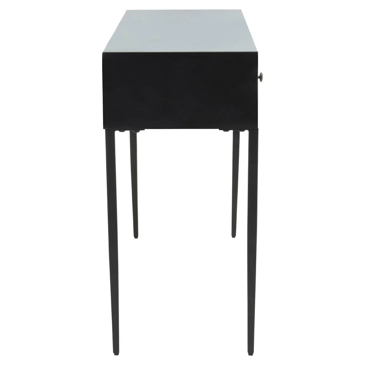 Black metal console table side view with slim legs and minimalist design