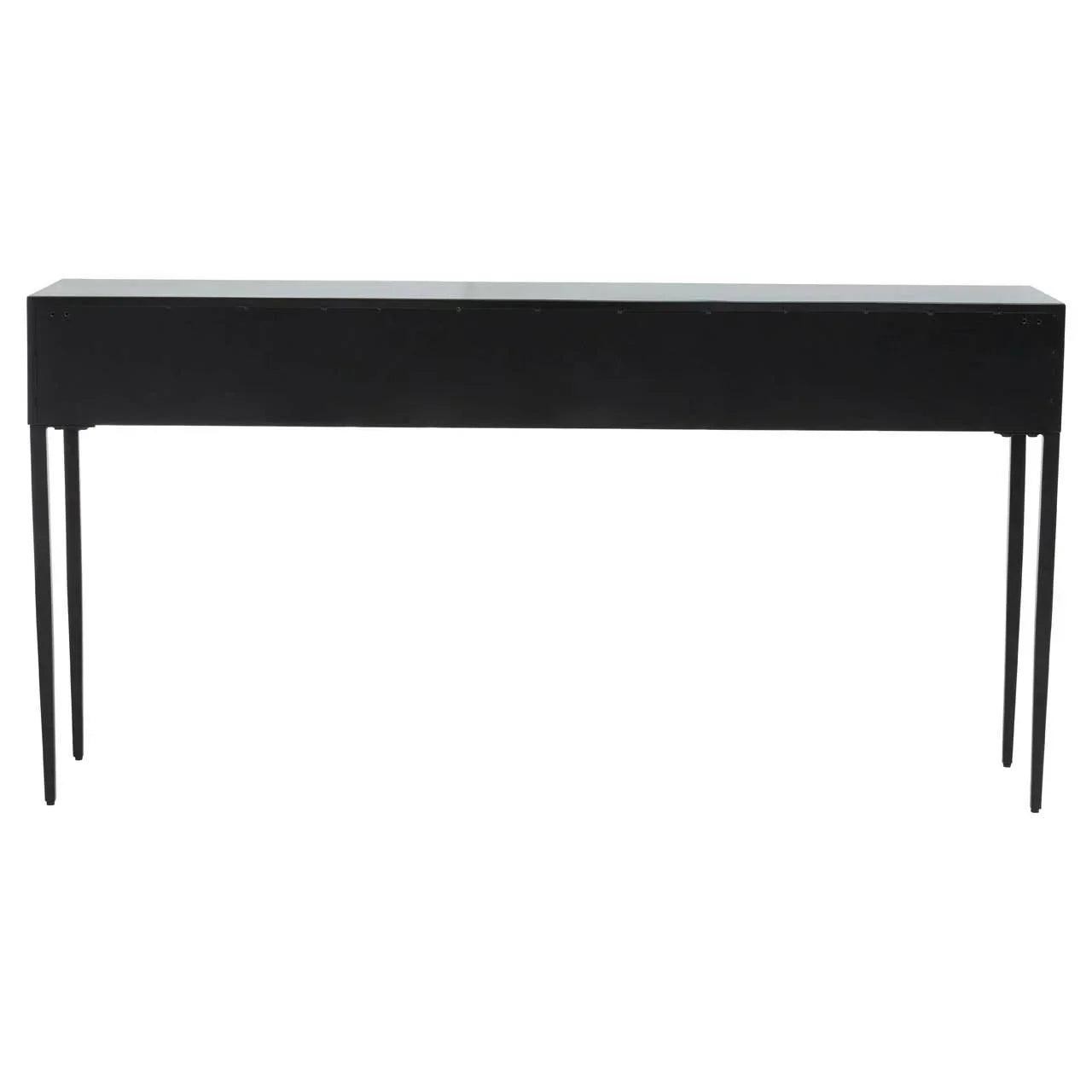 Slim black console table with straight metal legs, shown from the front against white background