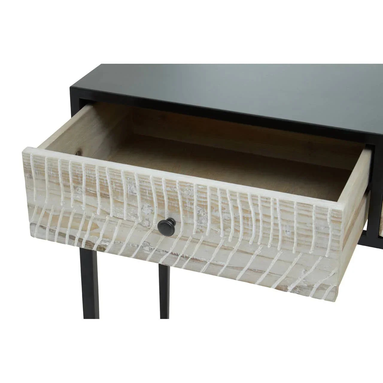 Wooden console table with black metal legs and open carved drawer front
