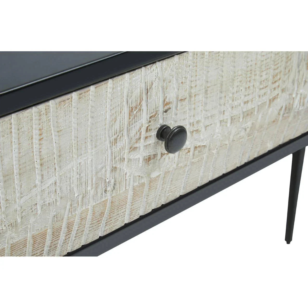 Textured wood sideboard drawer with black metal handle and slim metal legs