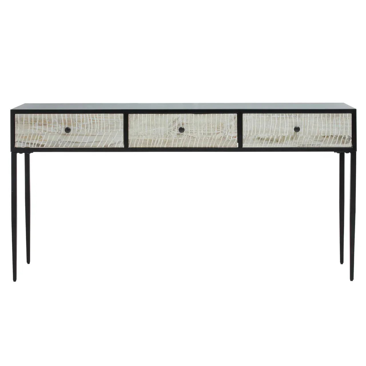 Modern console table with black frame and three textured wood drawers, front view