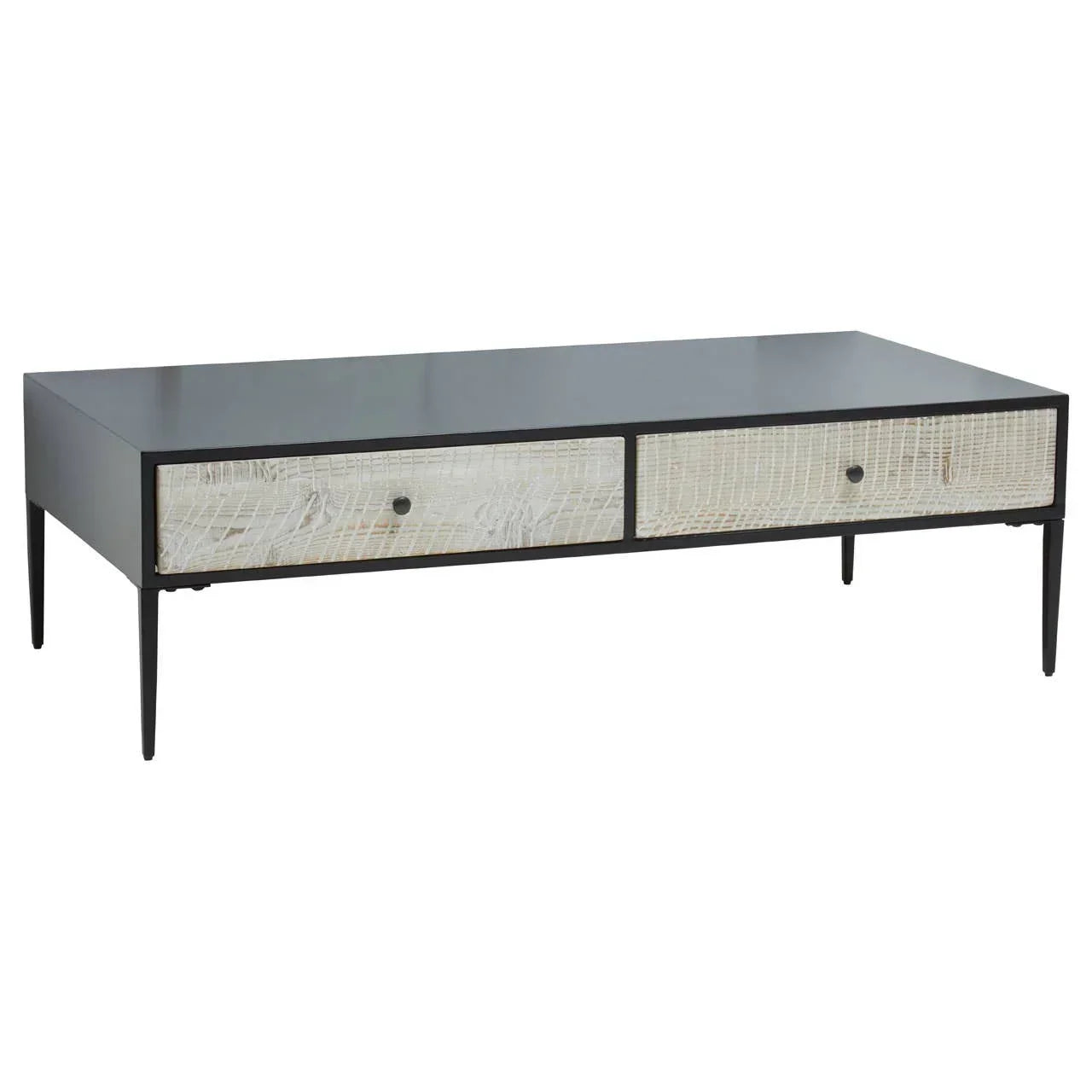 Black coffee table with two textured ivory front drawers and slim legs