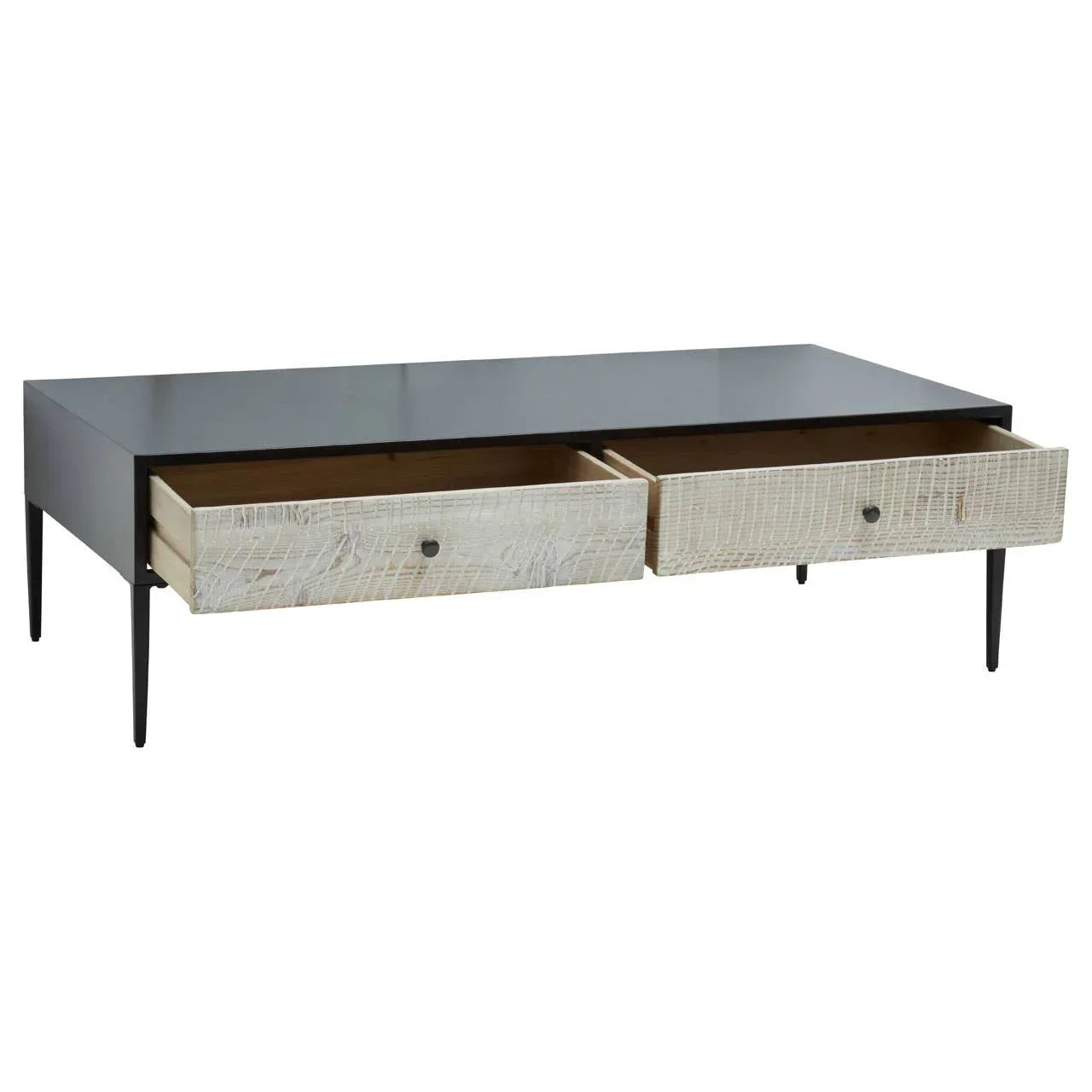 Modern coffee table with black top, metal legs, and two textured wooden drawers open