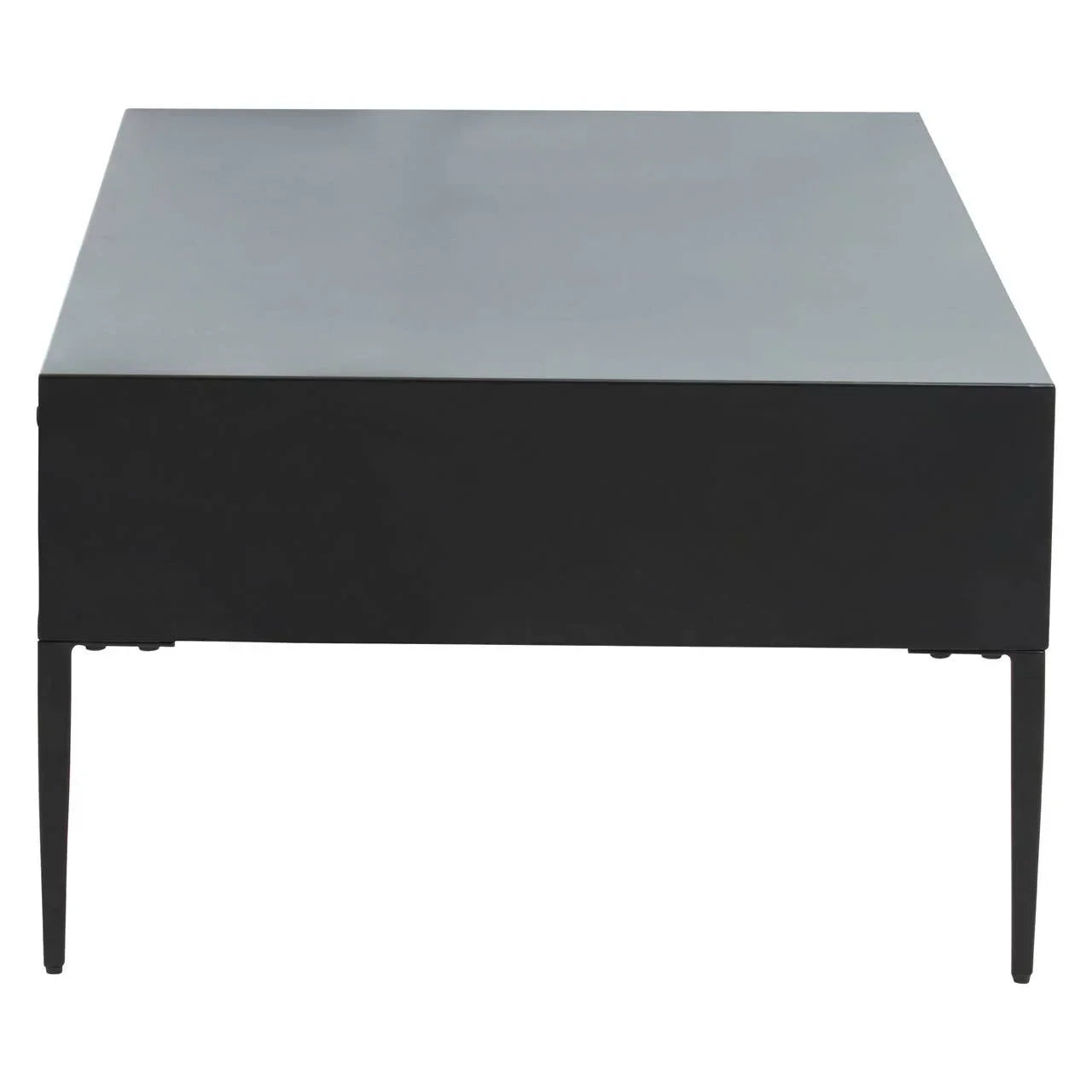 Black metal coffee table with square design and angled legs, front view