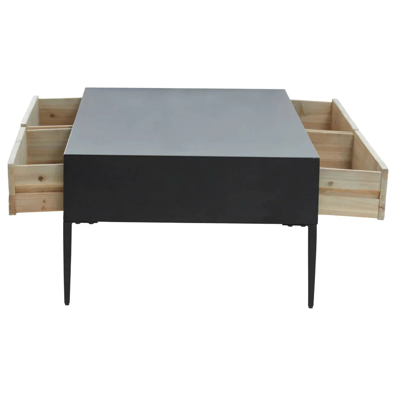 Black square coffee table with two open side drawers and slim black legs