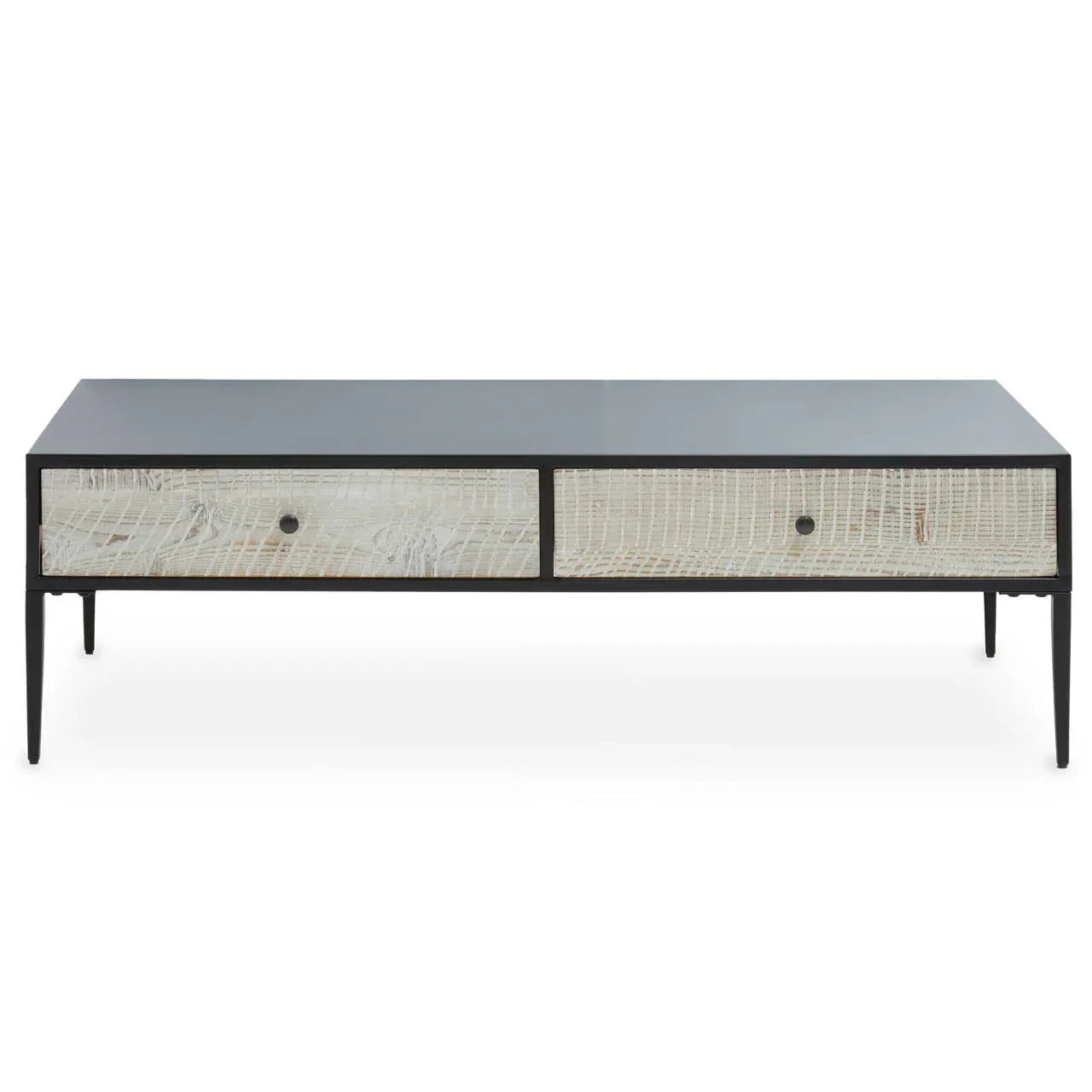 Modern coffee table with black metal frame and two textured white front drawers