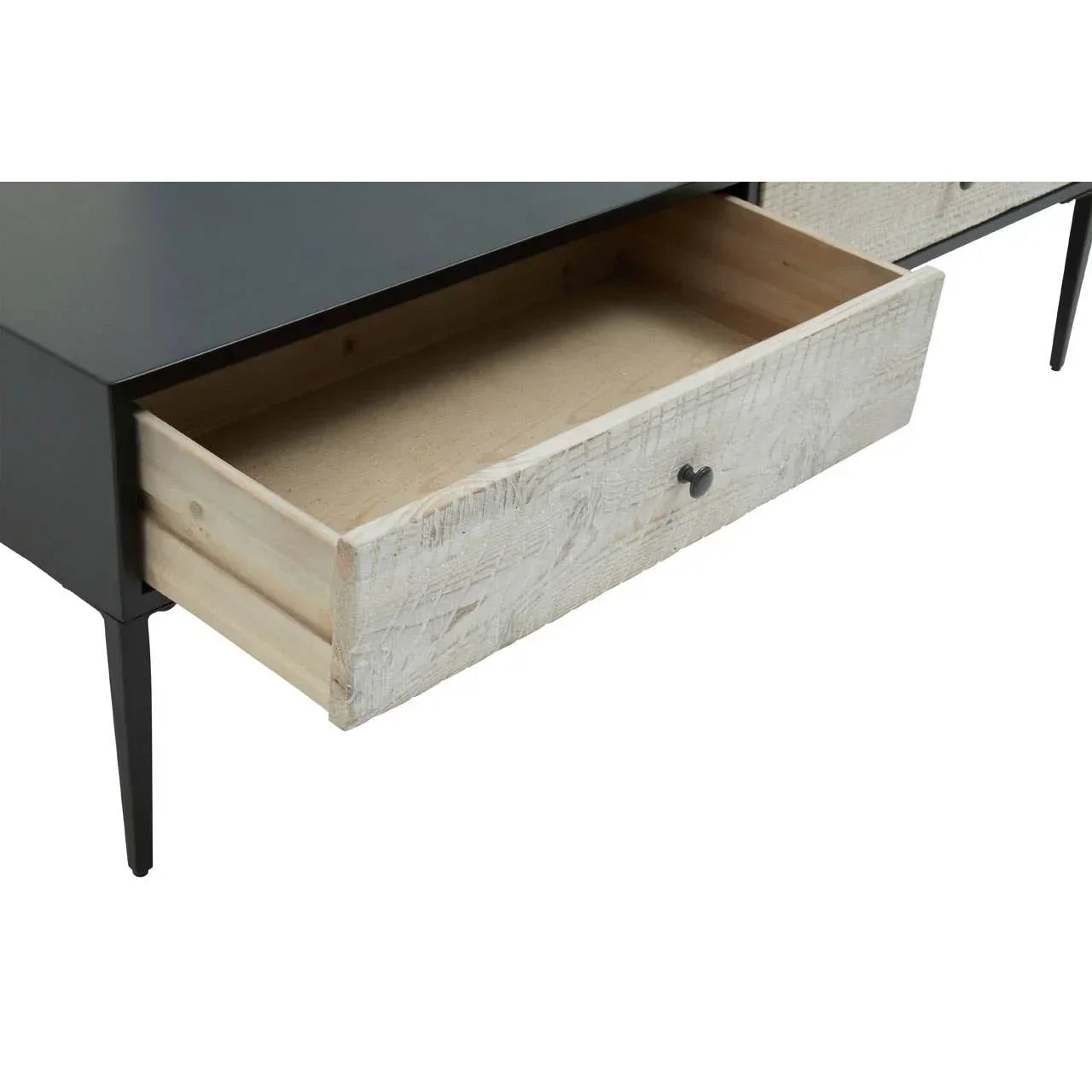 Wood and metal drawer unit with textured light wood drawer front, open to show storage space