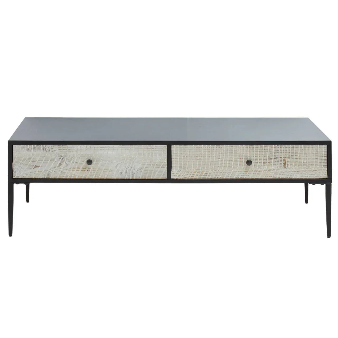 Modern coffee table with black top, slim legs, and two white textured drawers